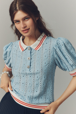 Maeve Puff-Sleeve Lace Polo Top product page