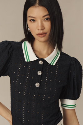Maeve Puff-sleeve Lace Polo Top In Blue