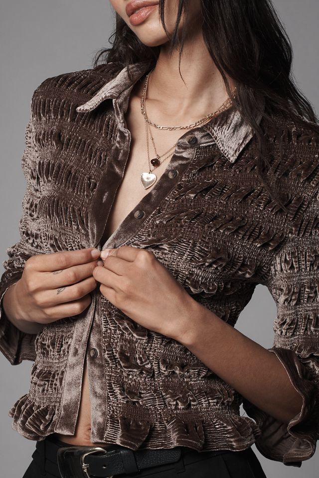 Maeve Shirred Velvet Buttondown Tee #3