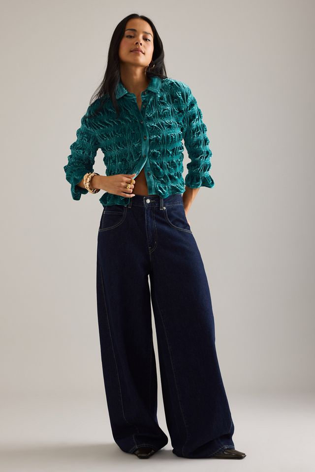 Maeve Shirred Velvet Buttondown Top #3