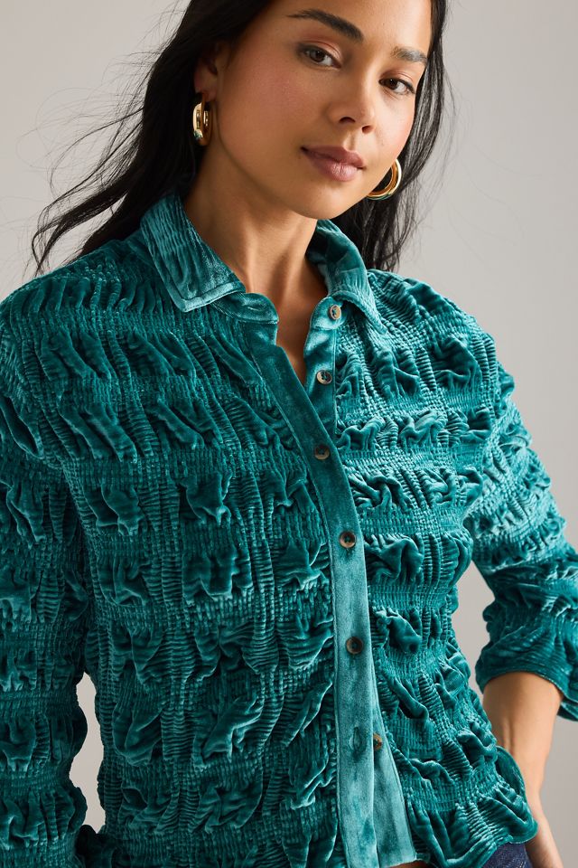 Maeve Shirred Velvet Buttondown Top #4