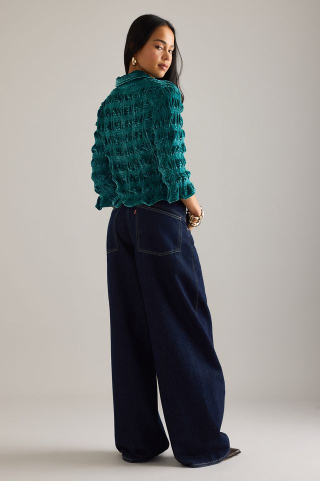 Maeve Shirred Velvet Buttondown Top #1