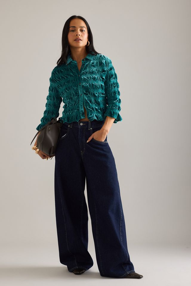 Maeve Shirred Velvet Buttondown Top #2