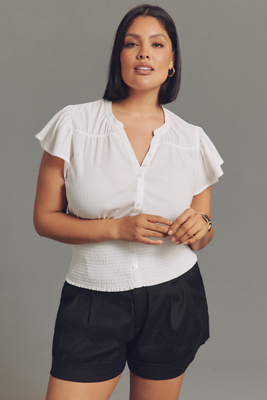 Short-Sleeve V-Neck Fitted-Waist Top