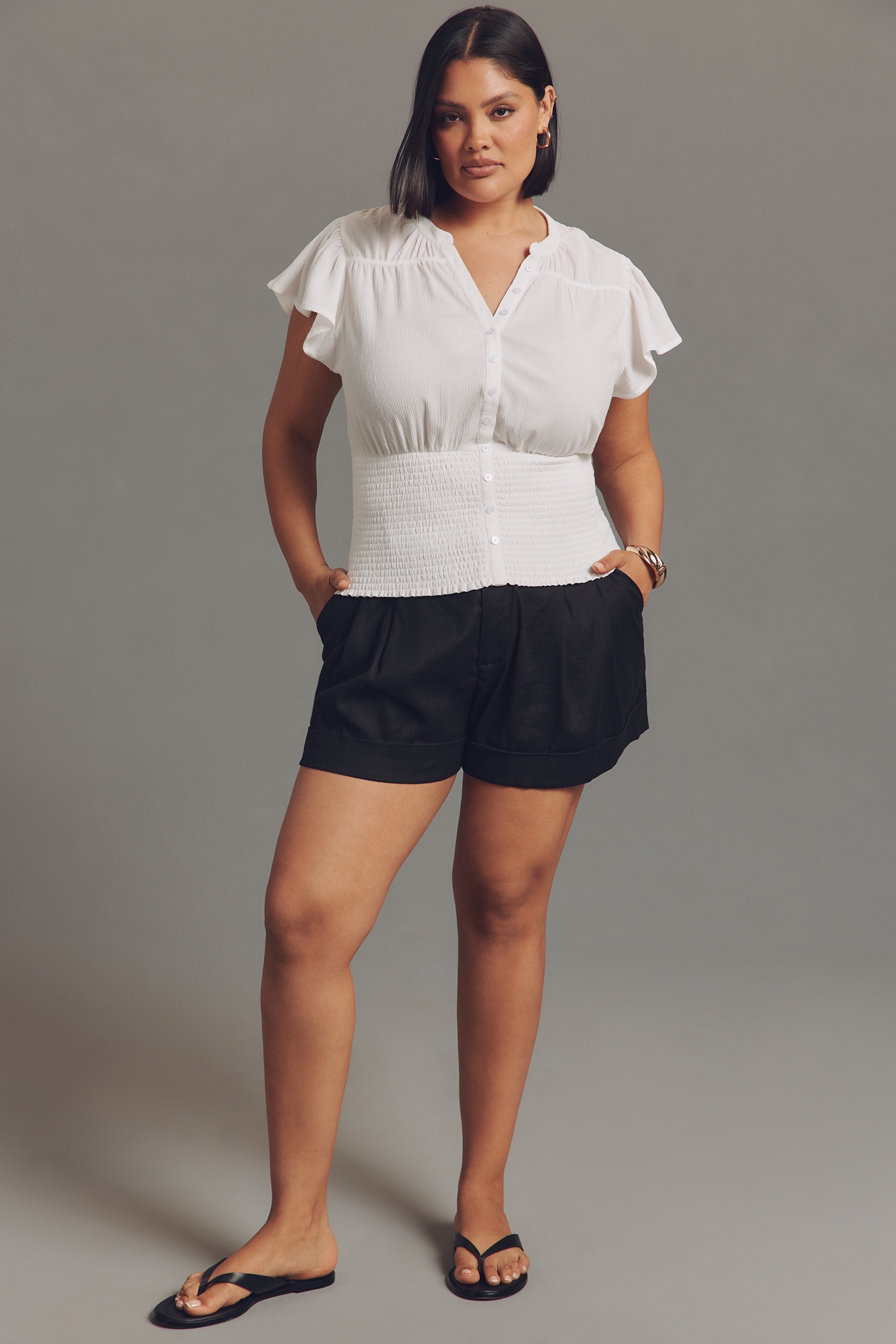 Maeve Short-Sleeve V-Neck Fitted-Waist Top