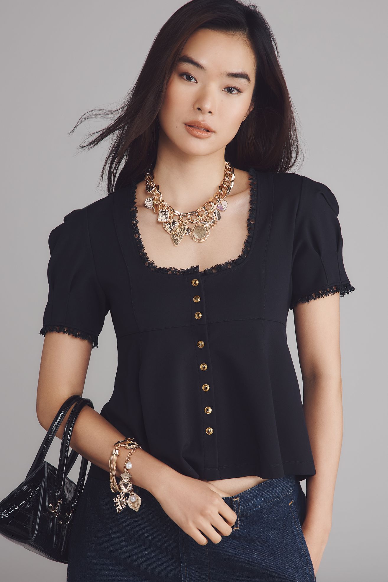 Maeve Puff-Sleeve Babydoll Top - Black Onyx, Standard