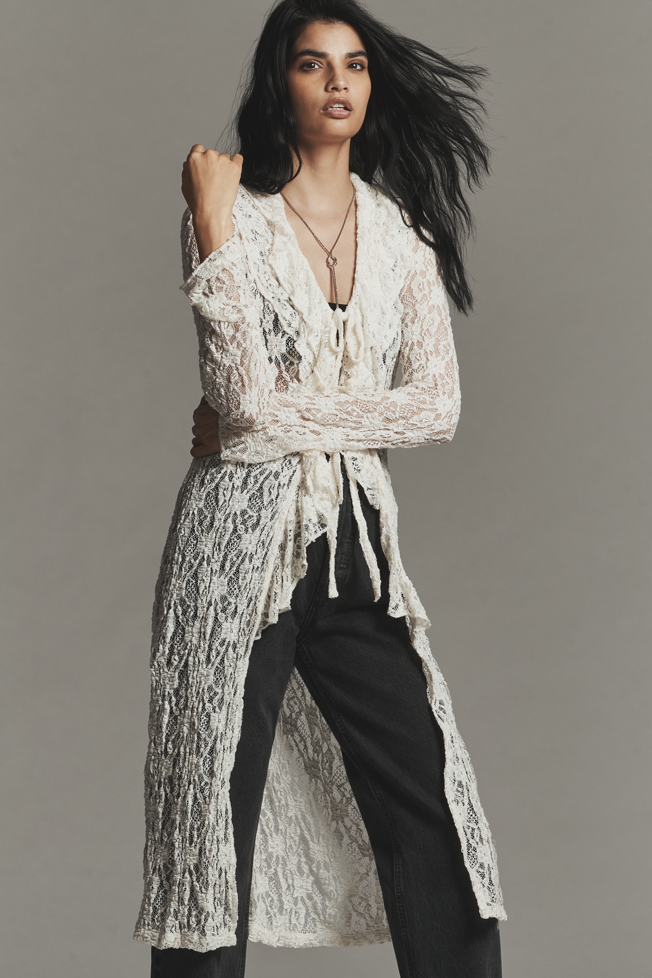 By Anthropologie Lace Long-Line Cardigan
