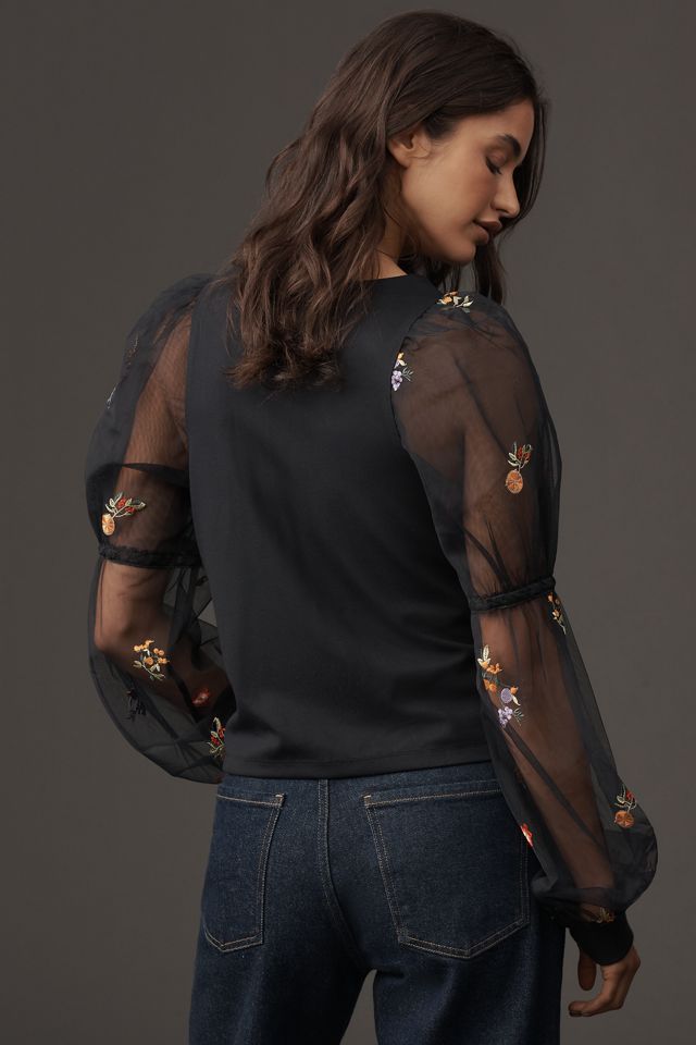 Maeve Embroidered Sheer-Sleeve Pullover #3