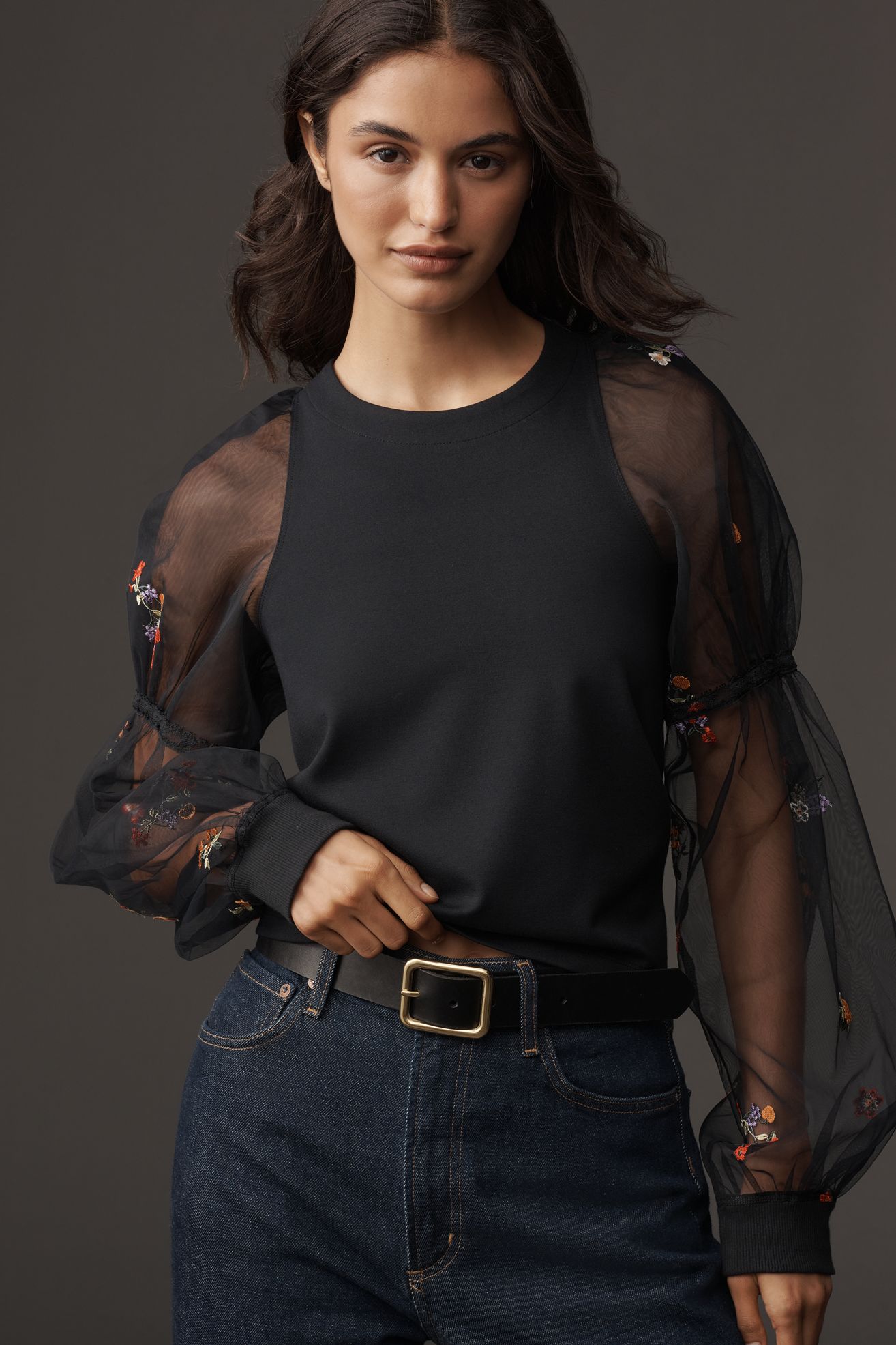 Maeve Embroidered Sheer-Sleeve Pullover - Black Pattern, Standard, M