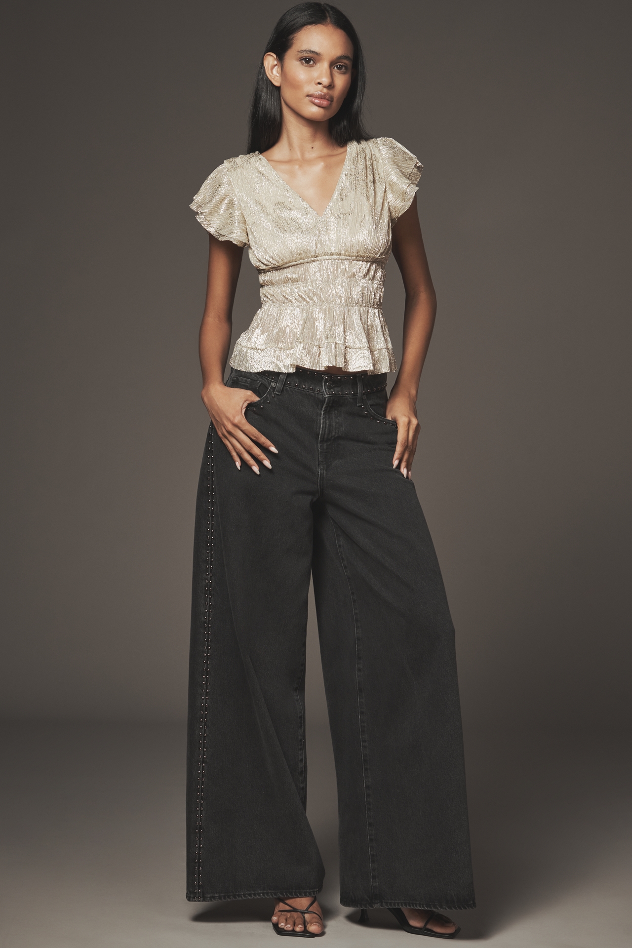 By Anthropologie Smocked Metallic Short-Sleeve Top