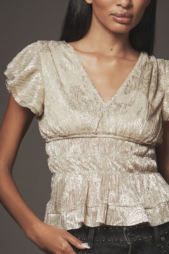 By Anthropologie Smocked Metallic Short-Sleeve Top #3