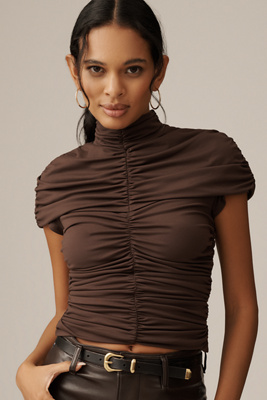 Susana Monaco Short-sleeve Mock-neck Ruched Top In Brown