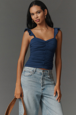 Susana Monaco Flutter-strap Ruched Tank Top In Blue