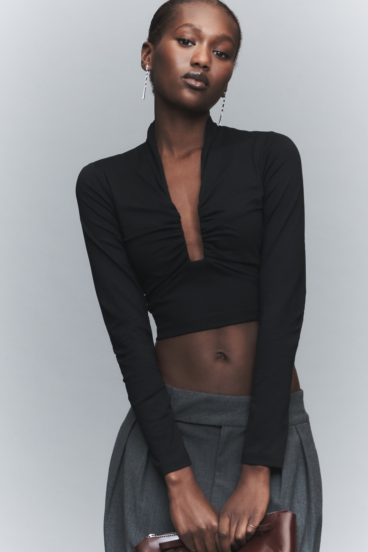 Susana Monaco Plunge-Neck Long-Sleeve Crop Top