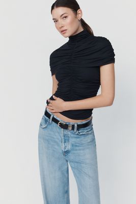 Susana Monaco Gathered Overlay Mock Neck Top