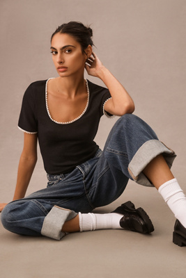 Canapé Pearl-trim Scoop-neck Tee In Black