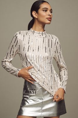 SANCTUARY LONG-SLEEVE MOCK-NECK SEQUIN TOP 