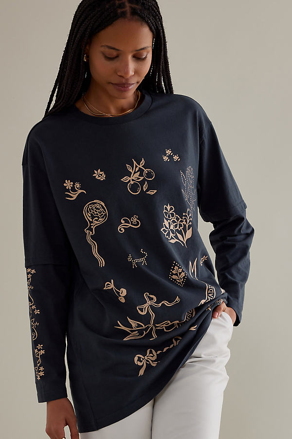 Damson Madder Slouchy Double-Sleeve Organic Cotton Graphic T-Shirt