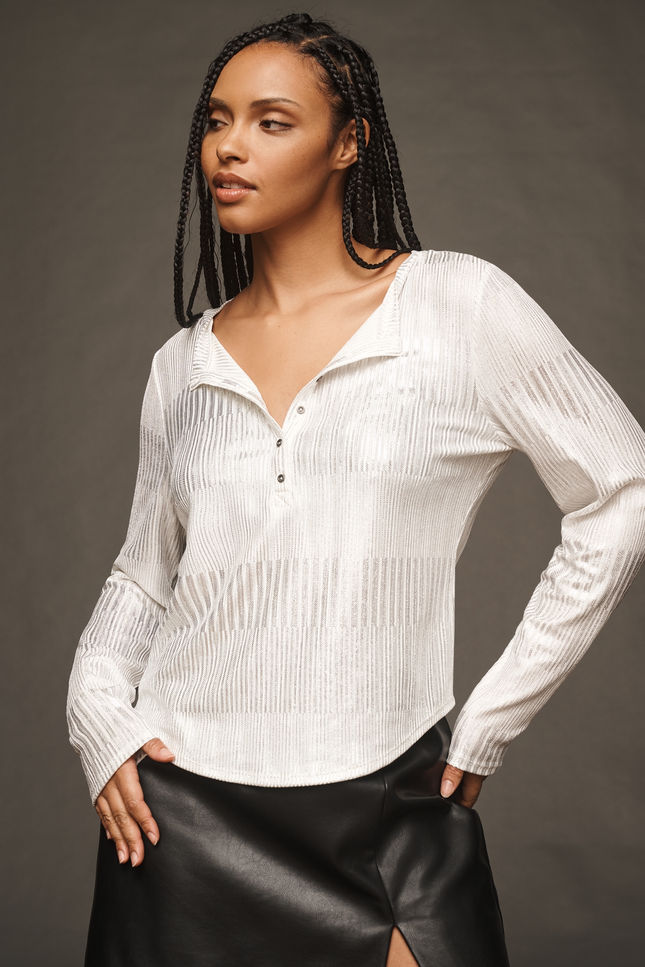 The Andie Ribbed Henley Top by Pilcro: Shimmer Edition