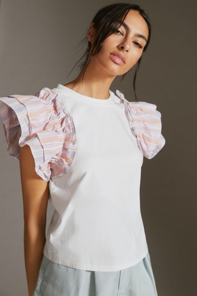 Flat White Woven Ruffle-Sleeve Tank #3