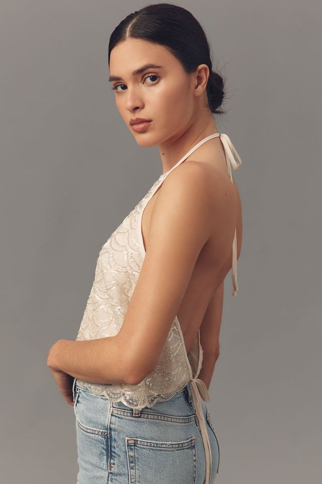 Flat White Embellished Halter Tank Top #3