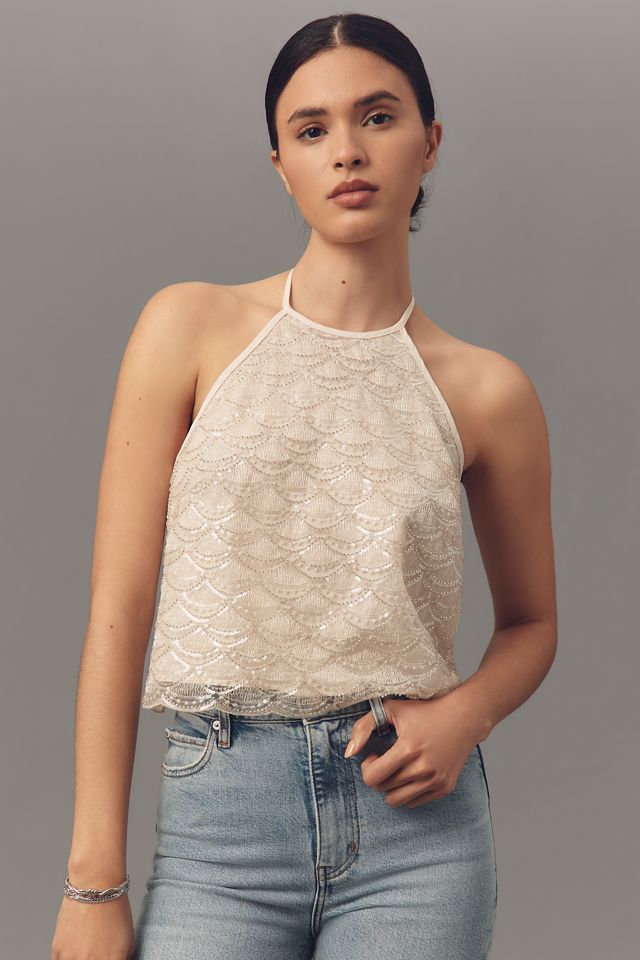 Flat White Embellished Halter Tank Top #2