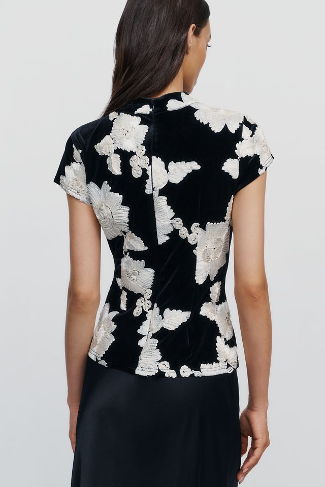 Flat White Velvet Floral Applique Mock Neck Top #1