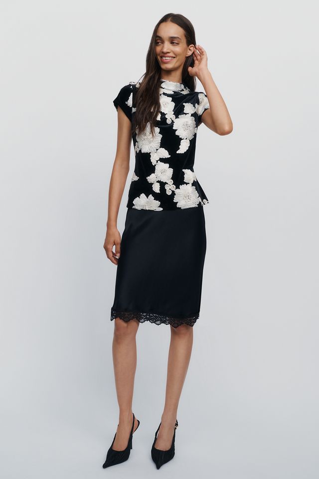 Flat White Velvet Floral Applique Mock Neck Top #2