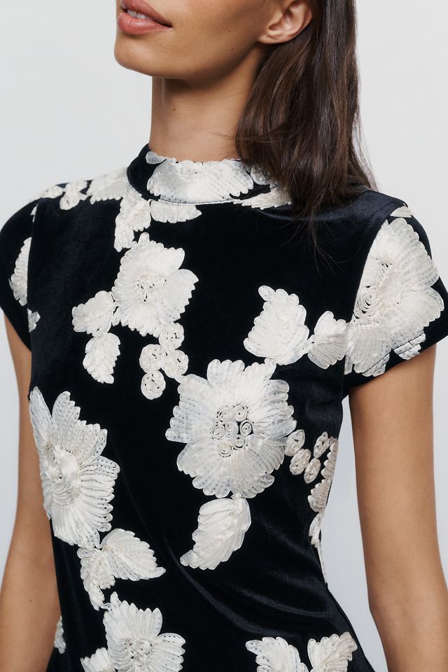 Flat White Velvet Floral Applique Mock Neck Top #3