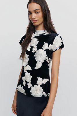 Flat White Velvet Floral Applique Mock Neck Top