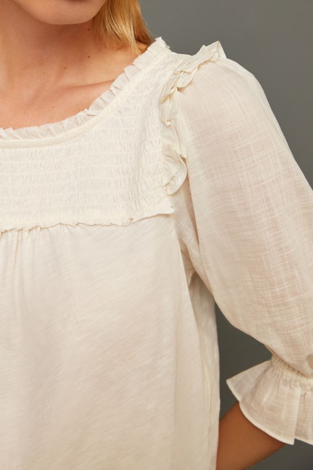 By Anthropologie Smocked Puff-Sleeve Knit Top #1