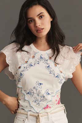 By Anthropologie Short-sleeve Pieced Hanky Crop Top In White