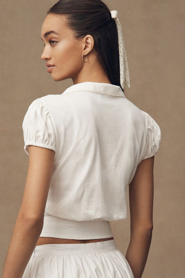 Maeve Short-Sleeve Collared Smocked-Waist Blouse #1