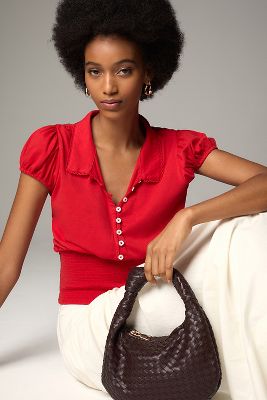 Shop Maeve Short-sleeve Collared Smocked-waist Blouse In Red