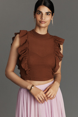 Maeve Cropped Ruffle Mesh Top In Brown