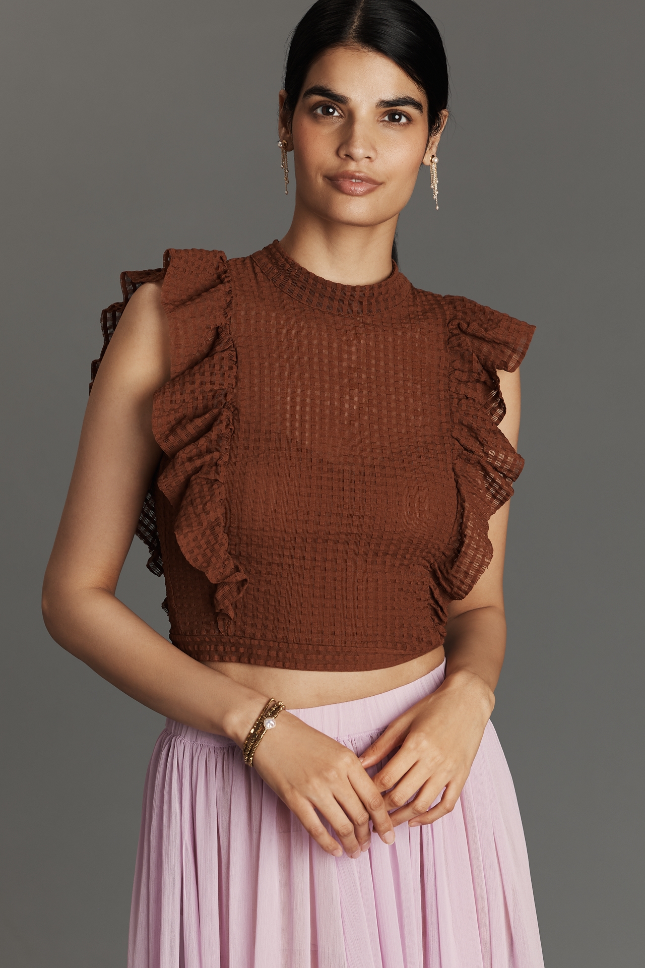 Maeve Crop Ruffle Mesh Top