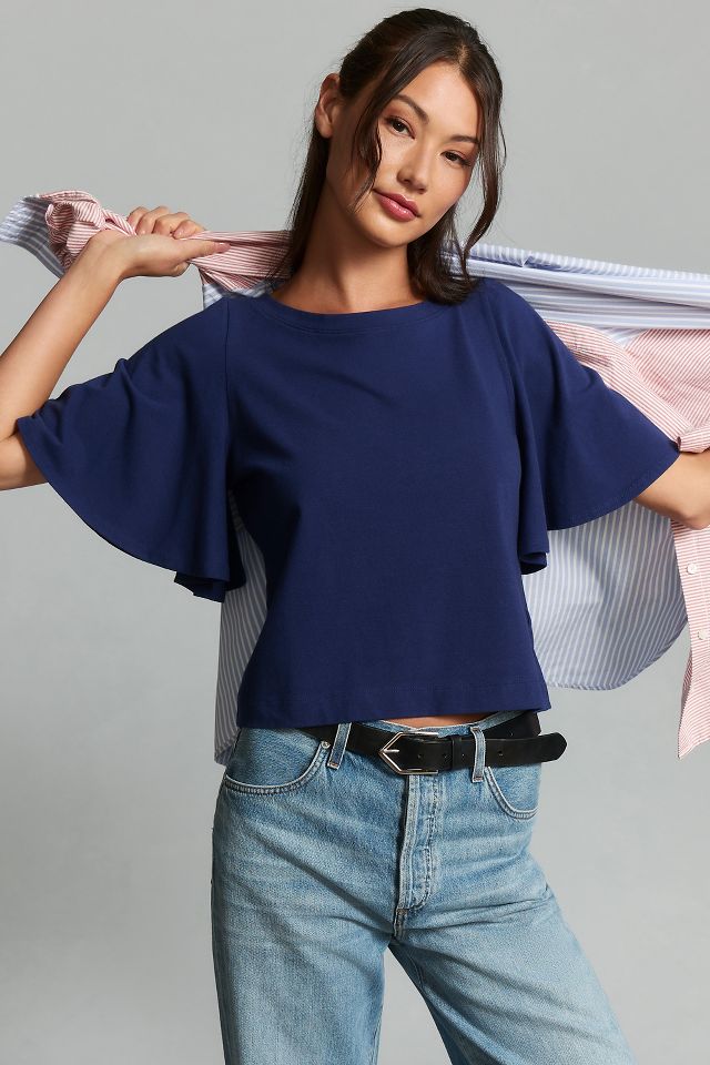 Maeve Structured Flutter-Sleeve Tee | Anthropologie