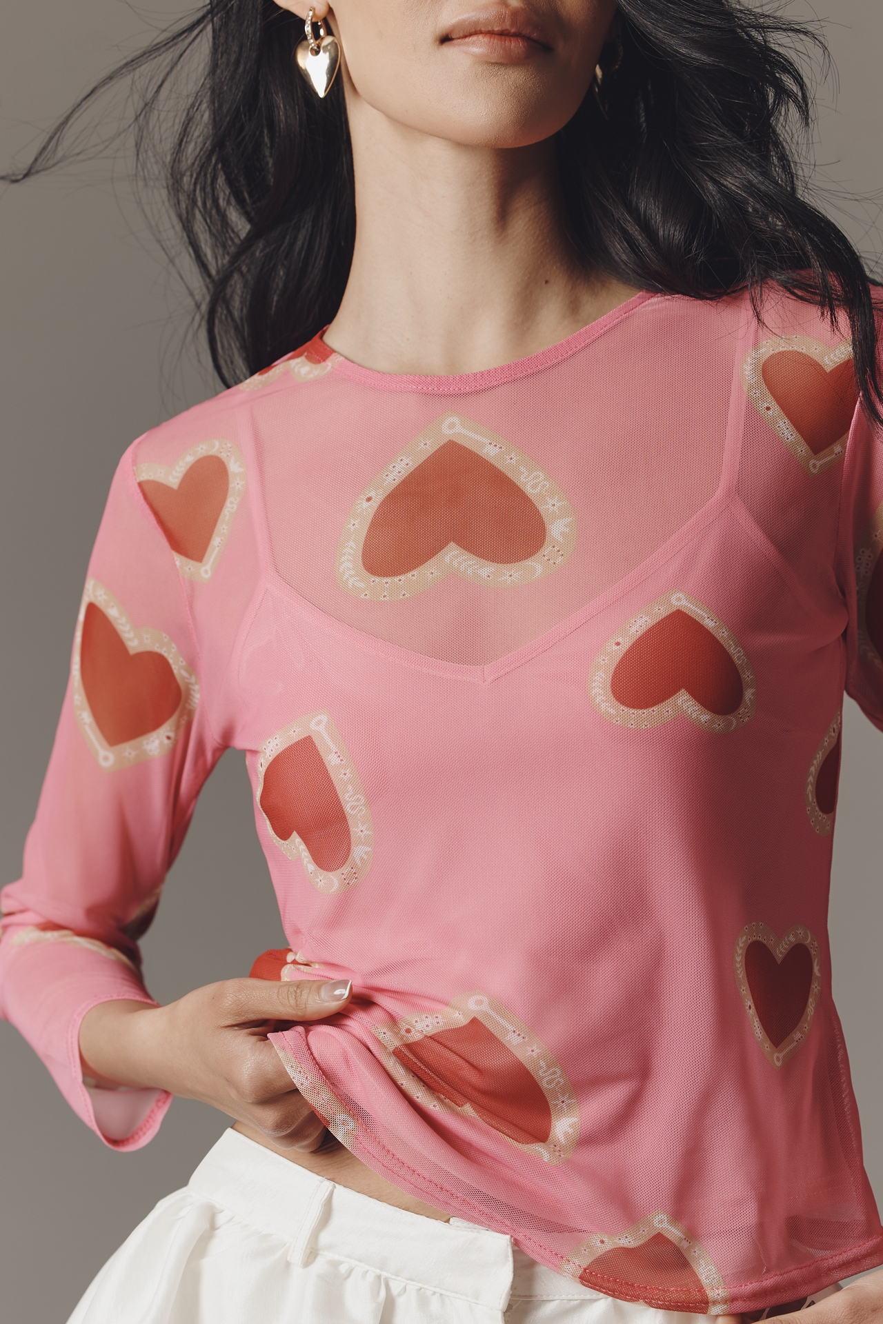 Never Fully Dressed Cotton Hearts Long-Sleeve Mesh Top