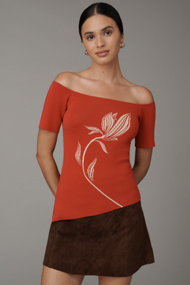 Mon Renn Tresor Off-shoulder Knit Top In Orange