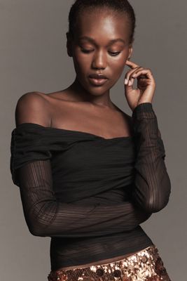 SOVERE Cascade Long-Sleeve Off-Shoulder Mesh Top