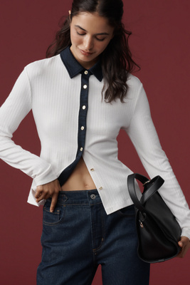 Rag & Bone Contrast Trim Rib Button-up Shirt In White