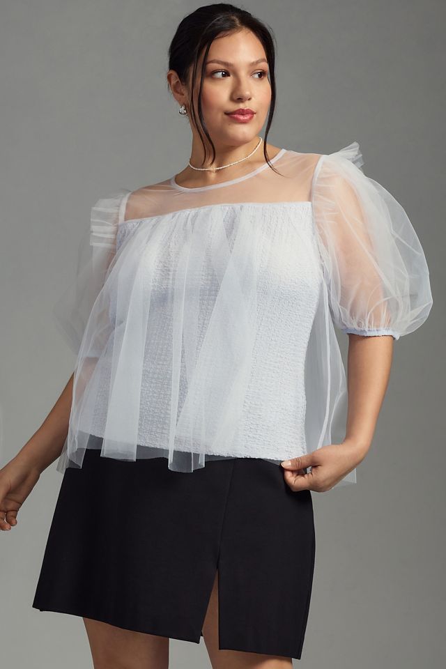 By Anthropologie Sheer Puff-Sleeve Top