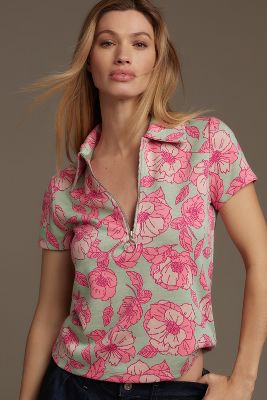 Maeve Short-sleeve Floral Jacquard Top In Pink