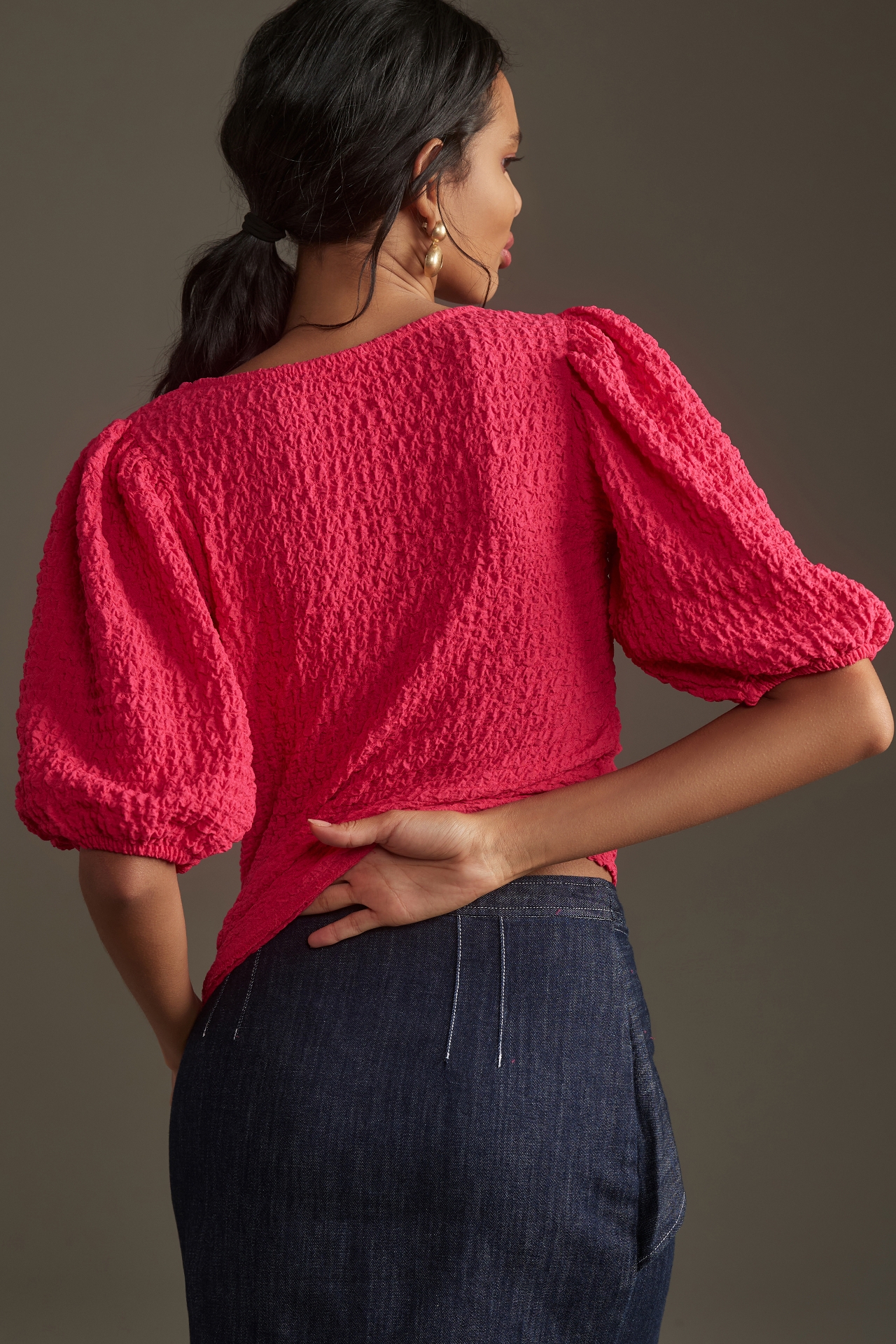 Maeve Balloon-Sleeve Textured Top