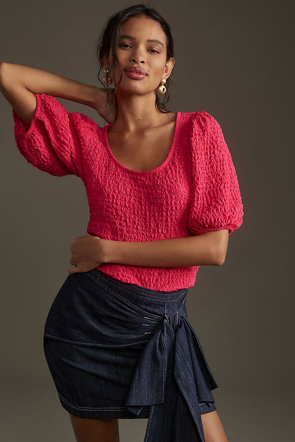 Maeve Balloon-sleeve Textured Top In Pink