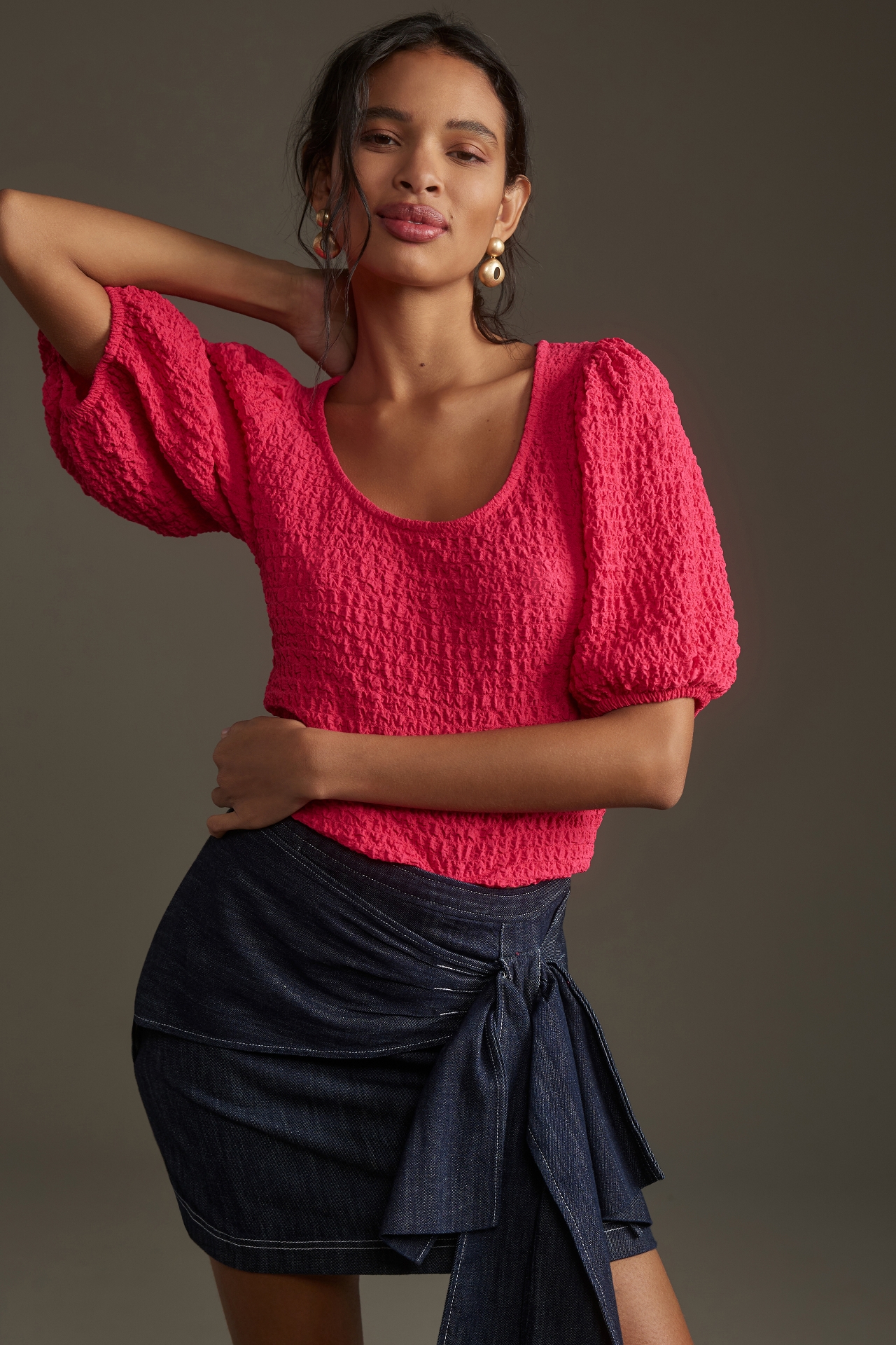 Maeve Balloon-Sleeve Textured Top