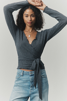Pilcro Textured Wrap Knit Top In Gray