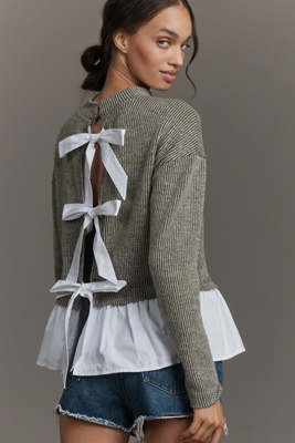 Maeve Long-Sleeve Bow-Back Twofer Peplum Top | Anthropologie