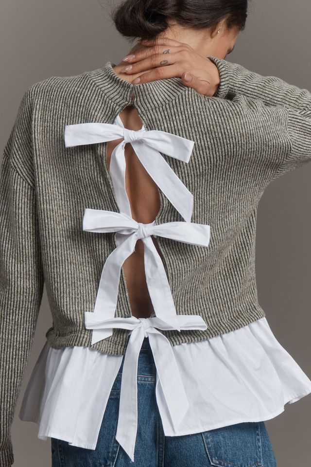 Maeve Long-Sleeve Bow-Back Twofer Peplum Top #3