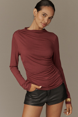 By Anthropologie Long-sleeve Asymmetric Ruched Top In Brown